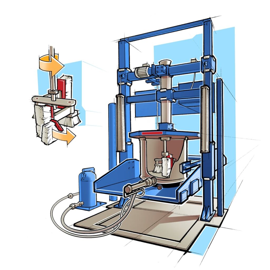 Eine ROBUS Bürstenreinigungsmaschine für die Behälterreinigung in der Farbe und Lackbranche.