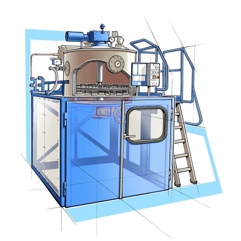 Illustration of a ROTOmaX distillation unit with housing to reduce emissions.