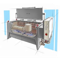 Illustration der Waschmaschine für Teile PUREfleX mit geöffnetem Deckel, eingeladenen Teilen und Schaltschrank an der Maschine