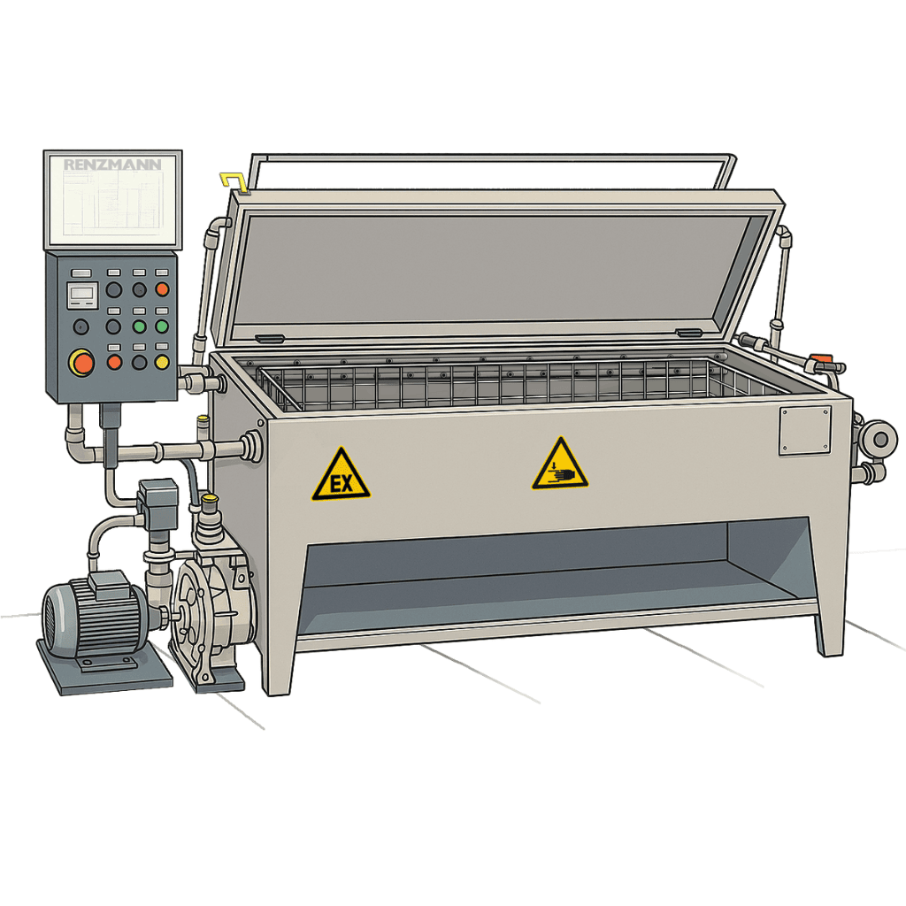 Lavadora industrial CLEANFLeX para la limpieza de piezas, fabricada en acero inoxidable con cubierta abierta, rejilla y panel de control lateral.