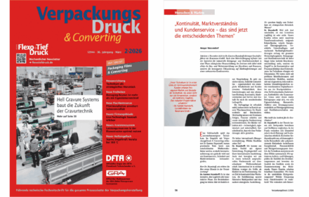 Titelseite und Interviewseite des Magazins VerpackungsDruck 2/2026