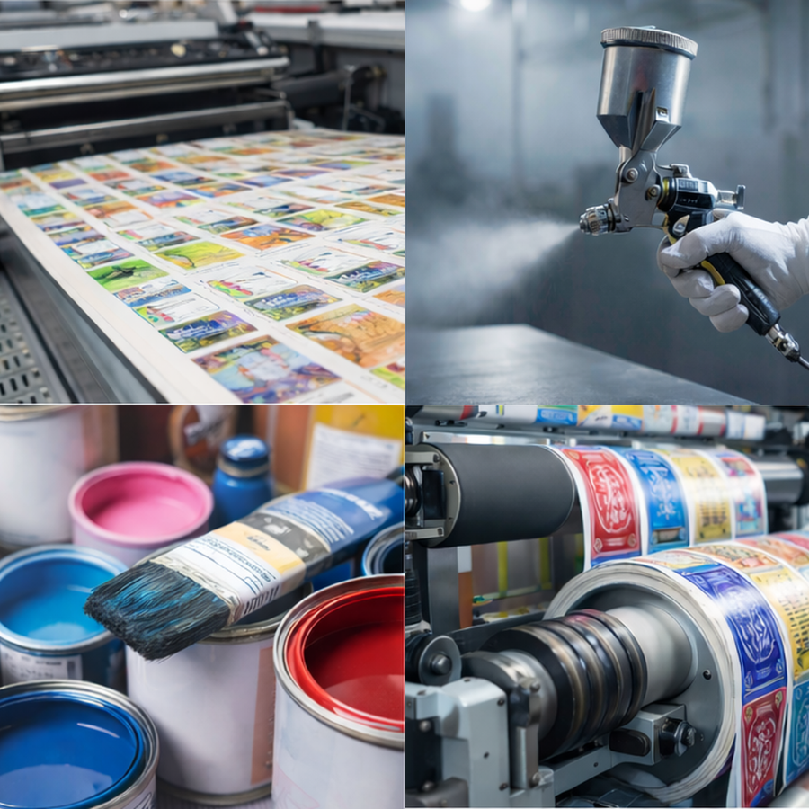 Printing process using ink, a spray gun, and a printing press
