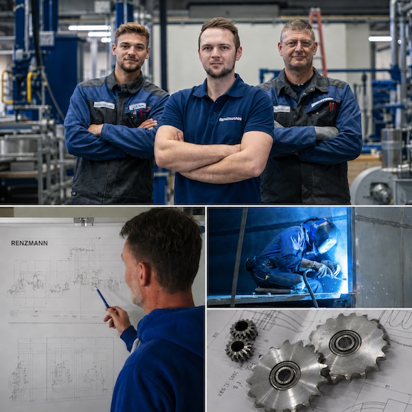 Three factory workers in a modern production facility