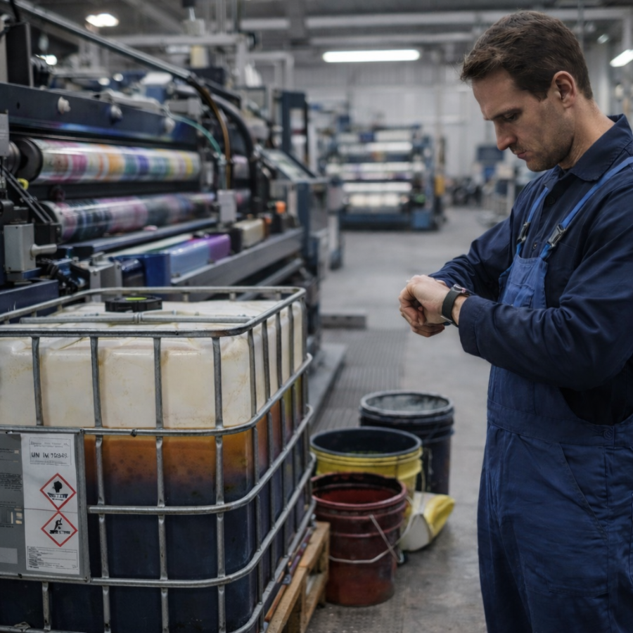 A worker checks the clock next to the printing press and ink tank