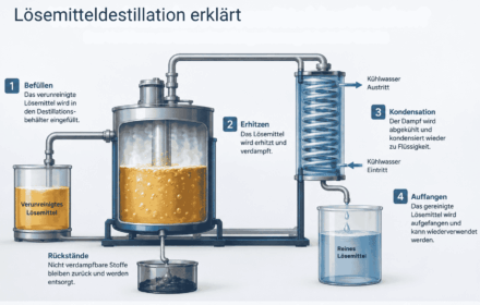 Schema der Lösemitteldestillation mit Kondensator und Behältern