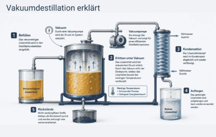Infografik zur Vakuumdestillation mit Prozessschritten