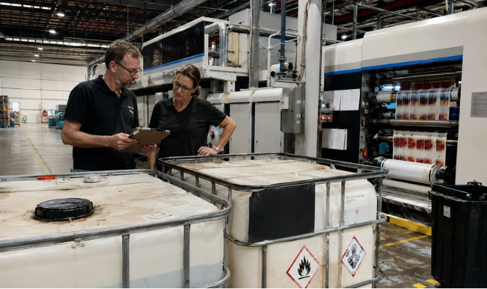 Zwei Mitarbeitende prüfen Chemikalienbehälter in einer Druckerei